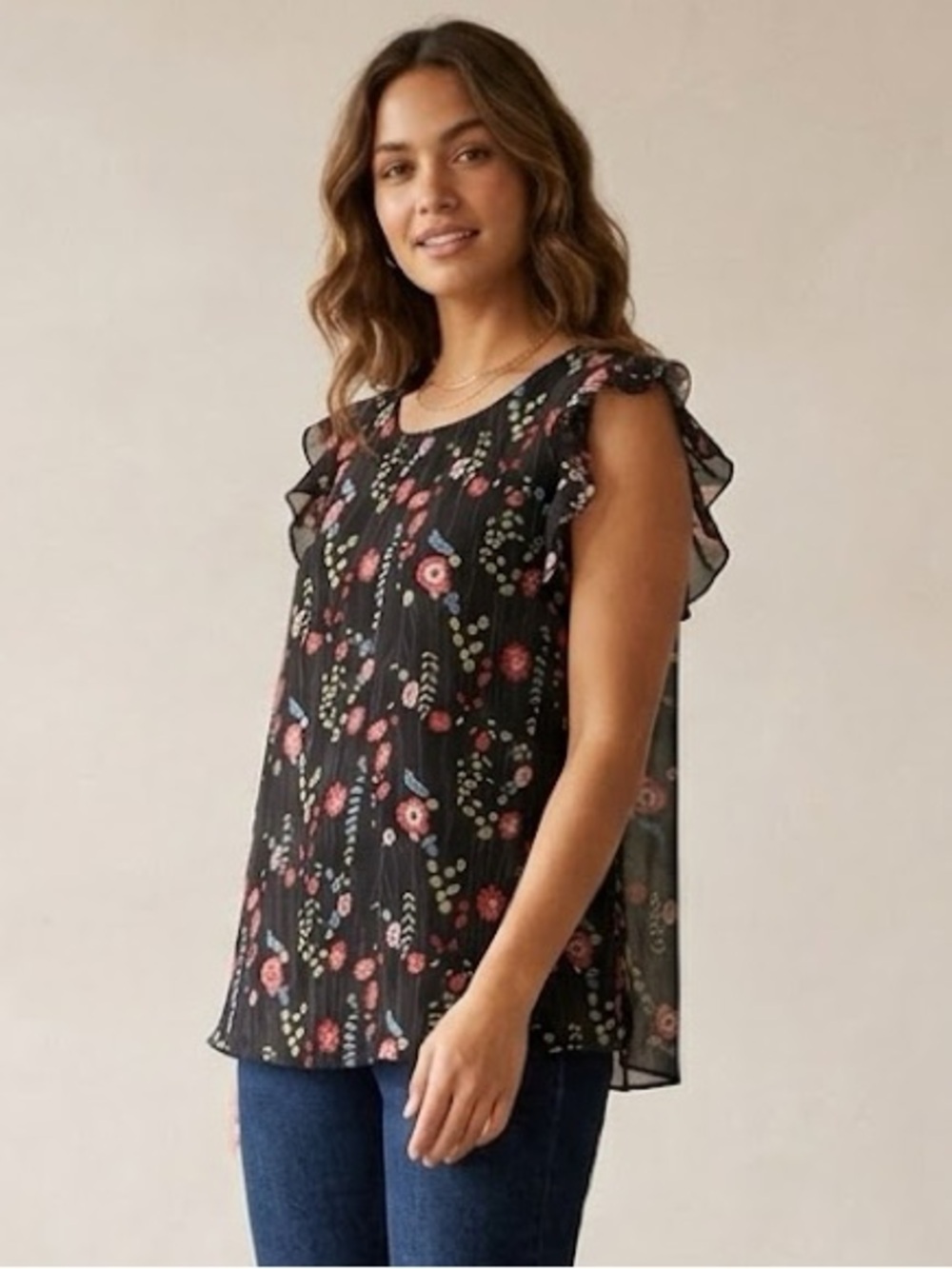 Highness Black Floral Ruffled Blouse cap sleeve size small medium blue red